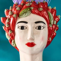 Buste de femme sicilienne / vase décoratif Chili Lady, rouge-vert, peint à la main