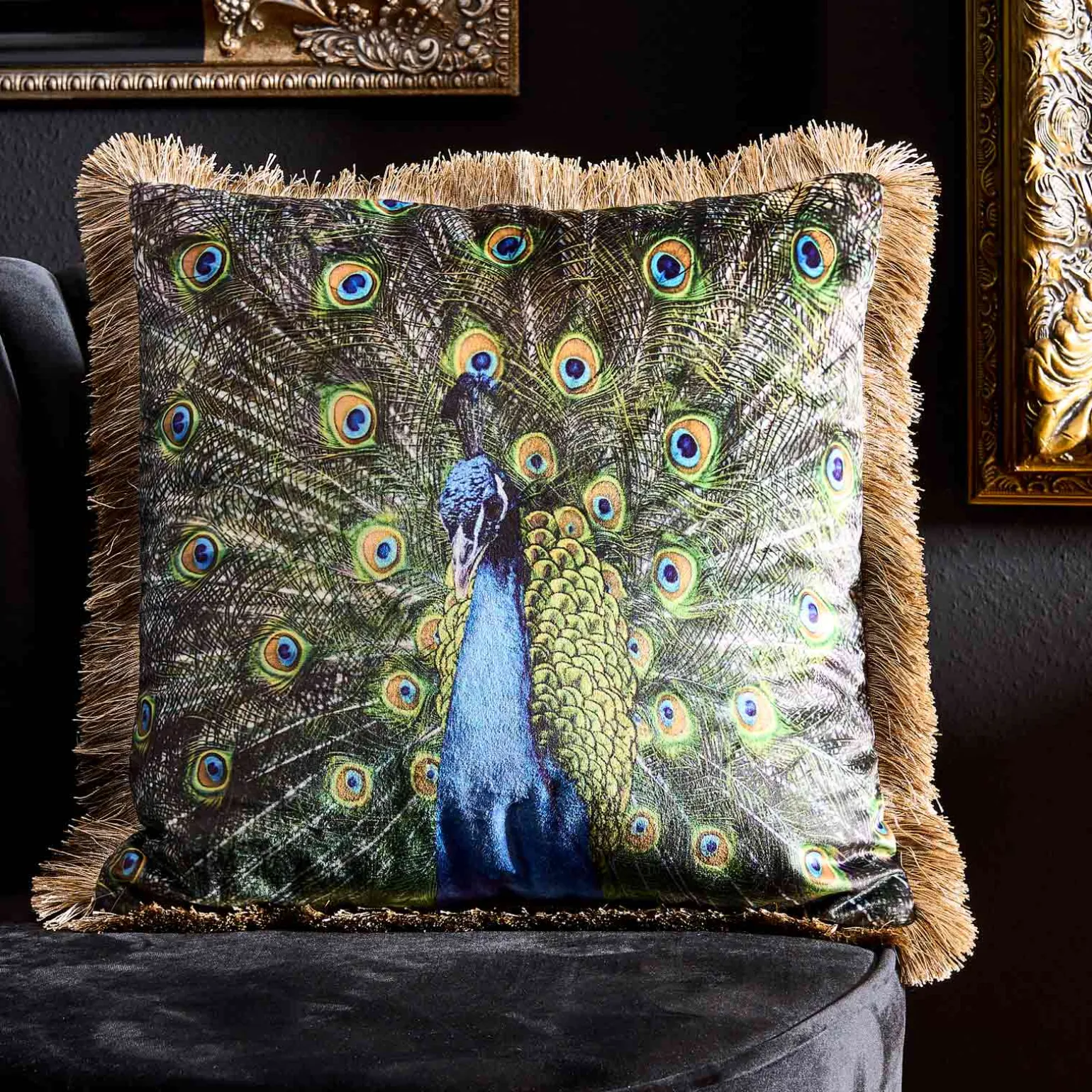 Coussin en velours paon Peacock, vert-or