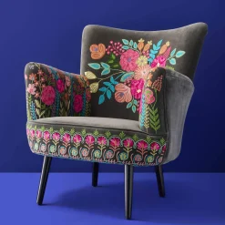 Fauteuil en Velours avec Motif Floral Lotte, Gris, Brodé à la Main