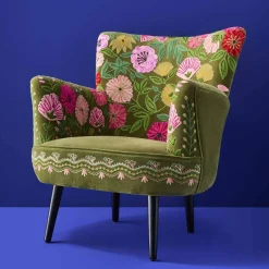 Fauteuil en Velours avec Motif Floral Emma, Vert, Brodé à la Main