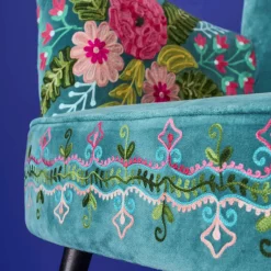 Fauteuil en Velours avec Motif Floral Frida, Turquoise, Brodé à la Main