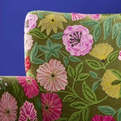 Fauteuil en Velours avec Motif Floral Emma, Vert, Brodé à la Main