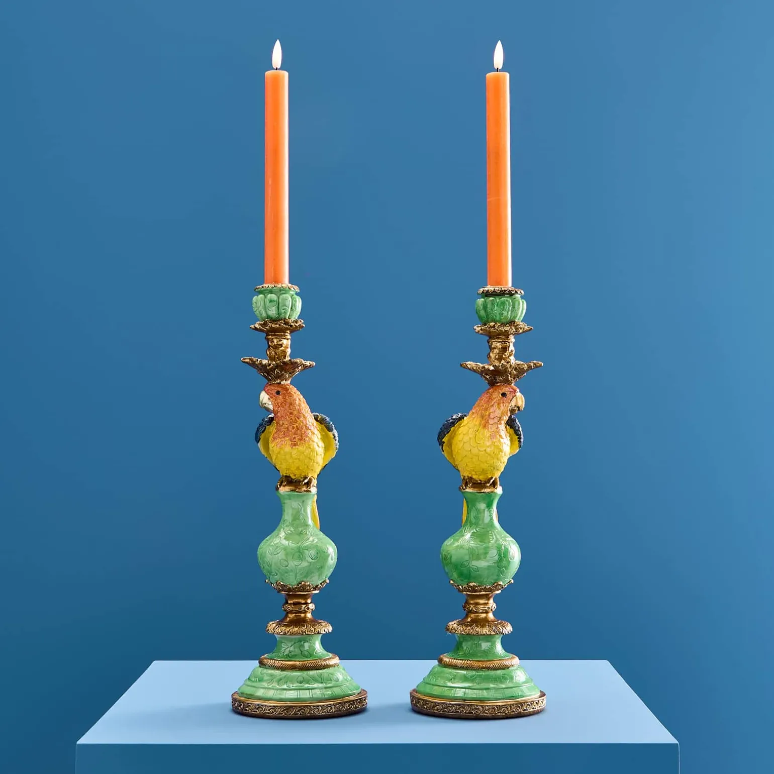 Lot de 2 bougeoirs perroquets, vert-bleu-jaune