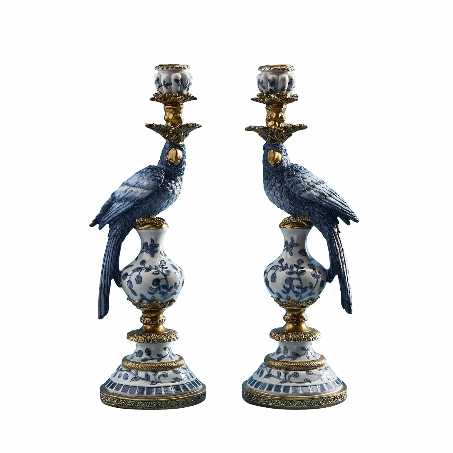 Lot de 2 bougeoirs perroquet, bleu-blanc-or