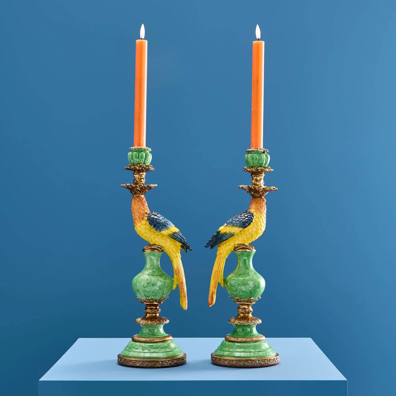 Lot de 2 bougeoirs perroquets, vert-bleu-jaune