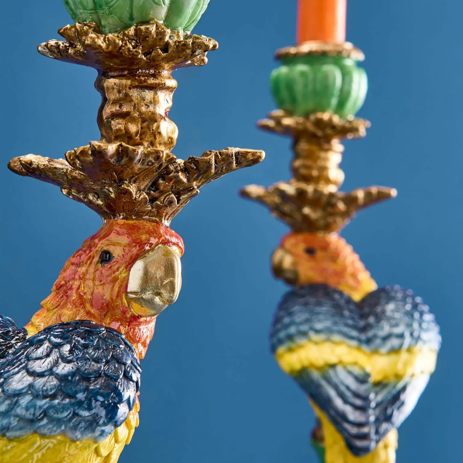 Lot de 2 bougeoirs perroquets, vert-bleu-jaune