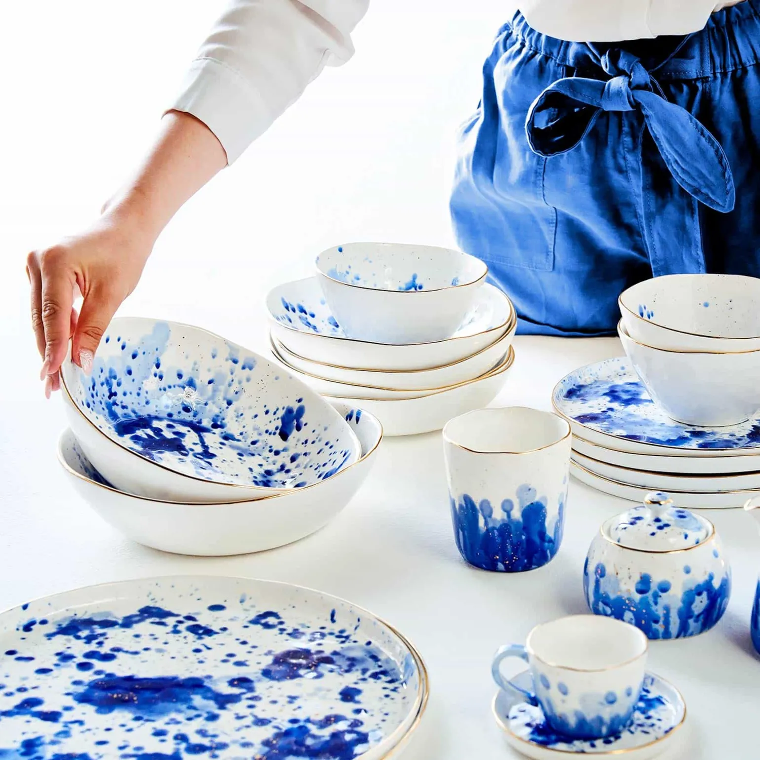 Lot de 6 mugs Marine Splash, blanc/bleu/or