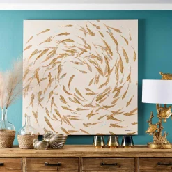 Peinture poisson Banc de poissons, blanc doré, peint à la main